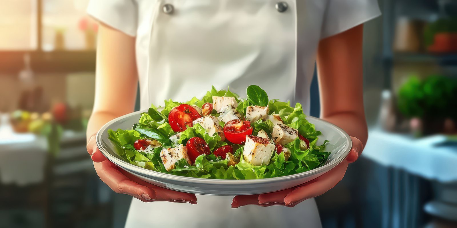 Freshly prepared salad served by a chef in a bright, inviting restaurant during lunchtime